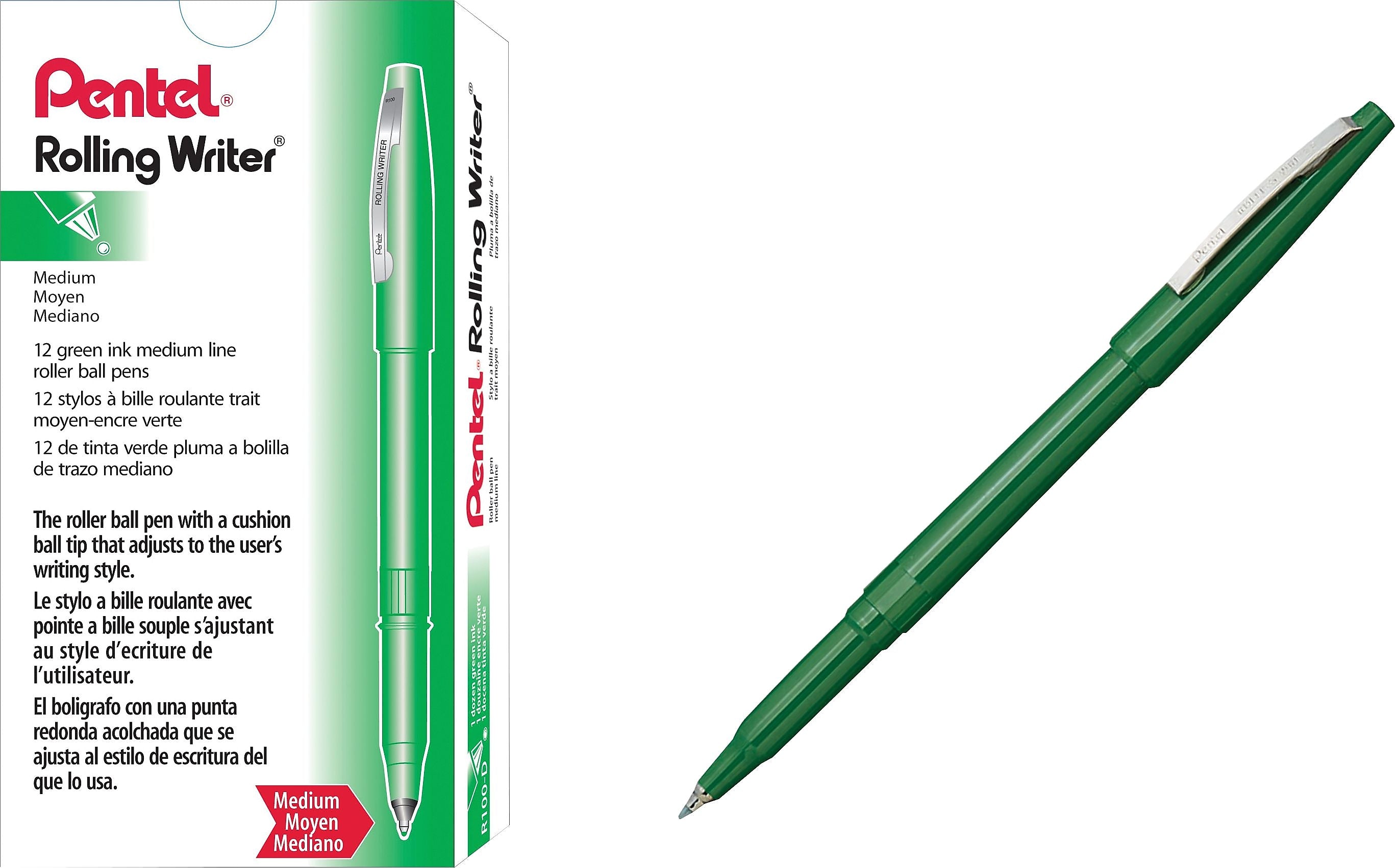 Pentel Rolling Writer Rollerball Pen, Medium Point, Green Ink, Dozen