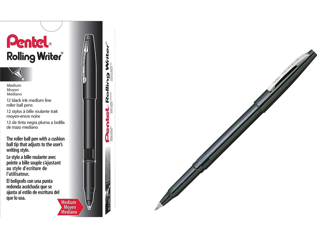 Pentel Rolling Writer Rollerball Pens, Medium Point, Black Ink, 12/Pack