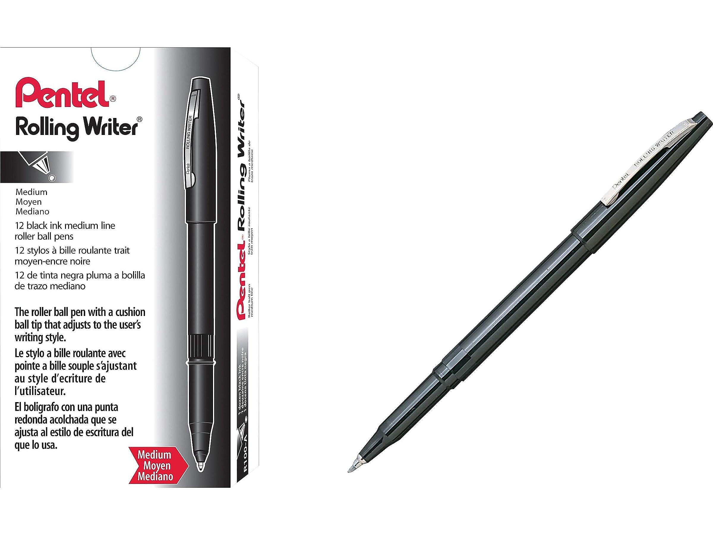 Pentel Rolling Writer Rollerball Pens, Medium Point, Black Ink, 12/Pack