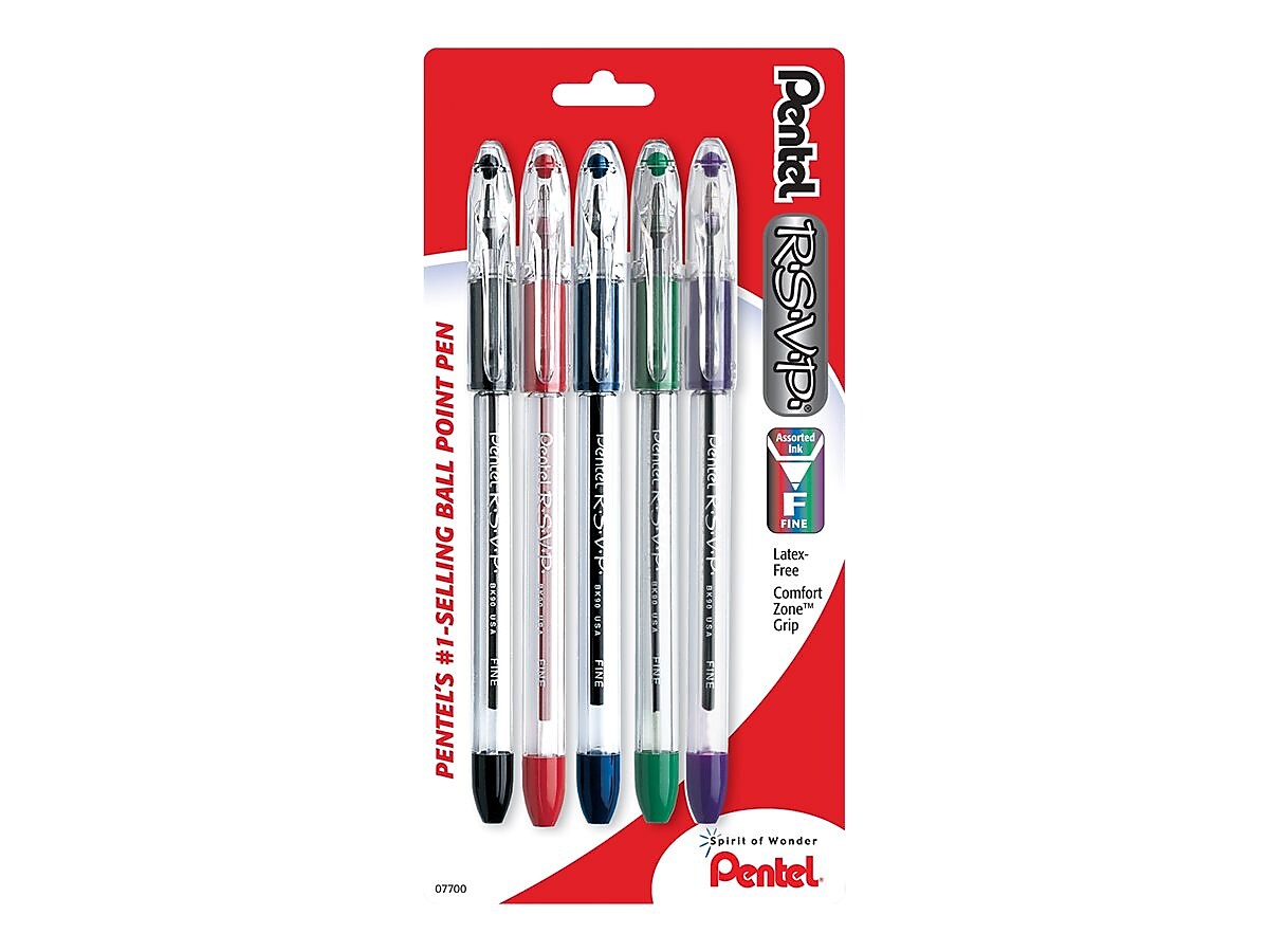 Pentel R.S.V.P. Ballpoint Pens, Fine Point, Assorted Ink, 5 Pack