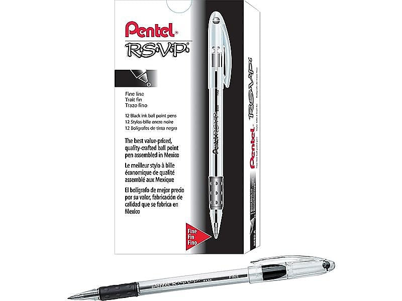 Pentel R.S.V.P. Ballpoint Pens, Fine Point, Black Ink, 12/Pack