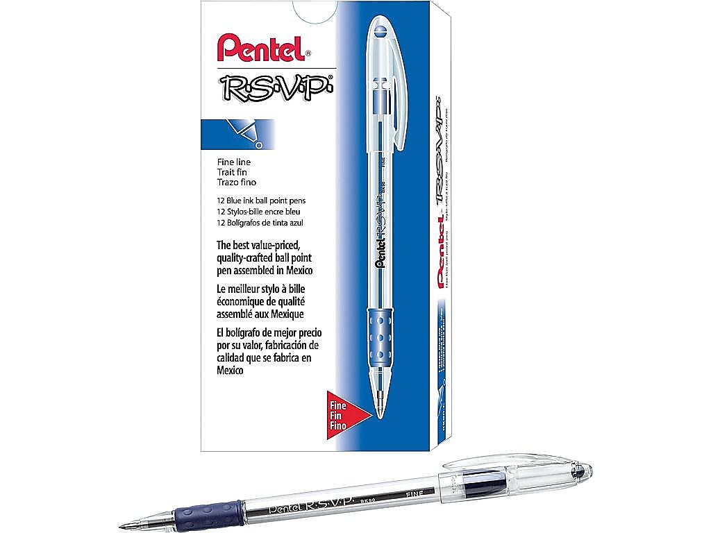 Pentel R.S.V.P. Ballpoint Pens, Fine Point, Blue Ink, Dozen
