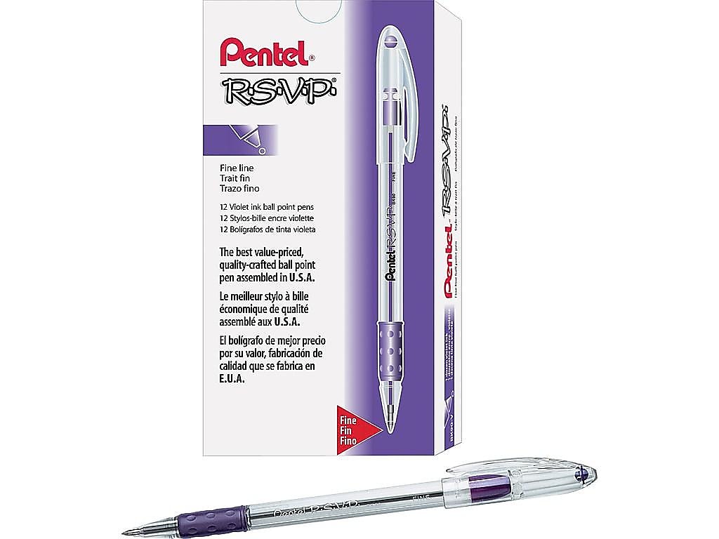 Pentel R.S.V.P. Ballpoint Pens, Fine Point, Purple Ink, Dozen