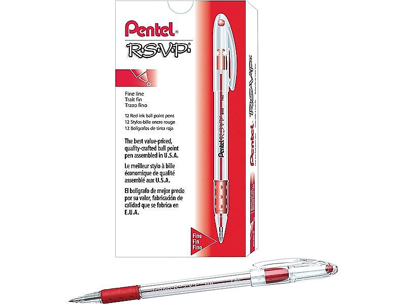 Pentel R.S.V.P. Ballpoint Pens, Fine Point, Red Ink, Dozen