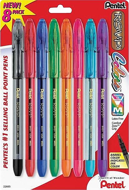 Pentel R.S.V.P. Ballpoint Pens, Medium Point, Assorted Ink, 8/Pack