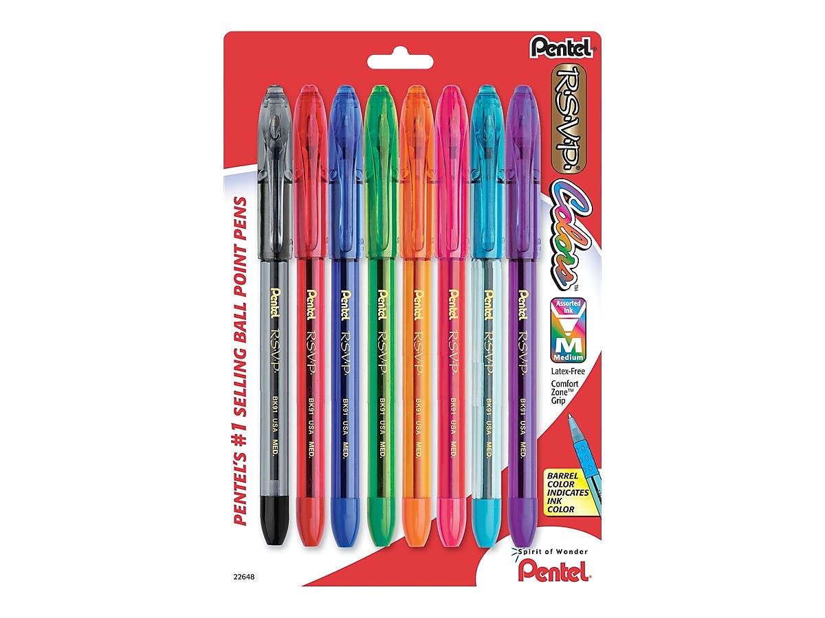 Pentel R.S.V.P. Ballpoint Pens, Medium Point, Assorted Ink, 8/Pack