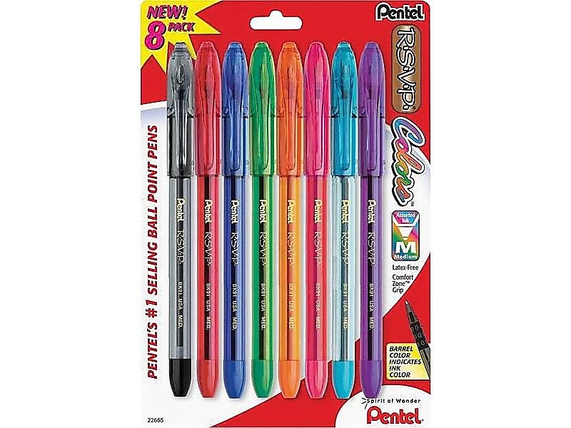 Pentel R.S.V.P. Ballpoint Pens, Medium Point, Assorted Ink, 8/Pack