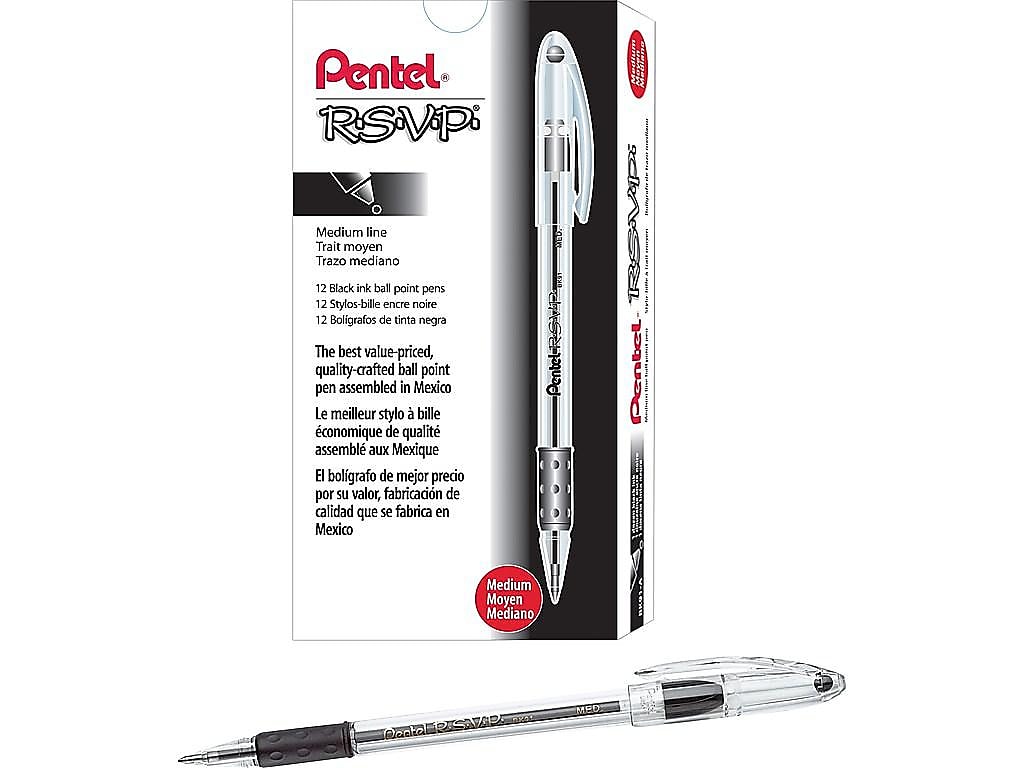 Pentel R.S.V.P. Ballpoint Pens, Medium Point, Black Ink, 12/Pack