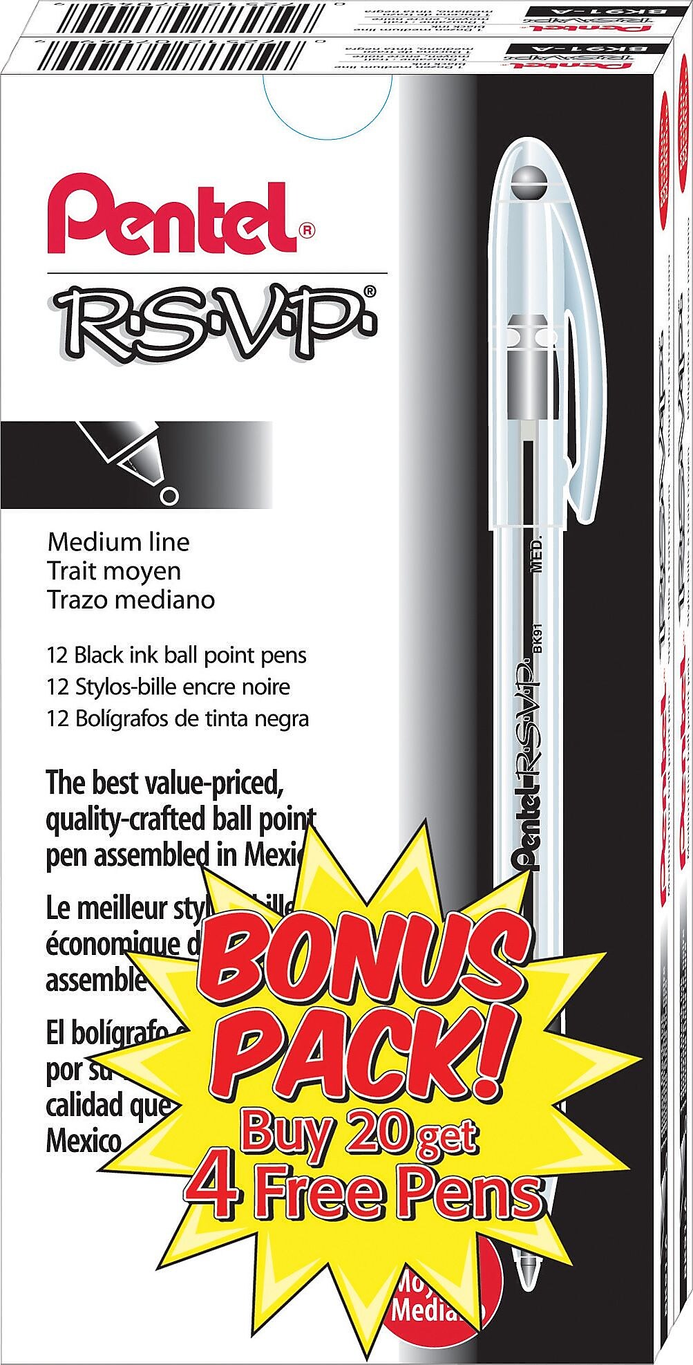 Pentel R.S.V.P. Ballpoint Pens, Medium Point, Black Ink, 24/Pack