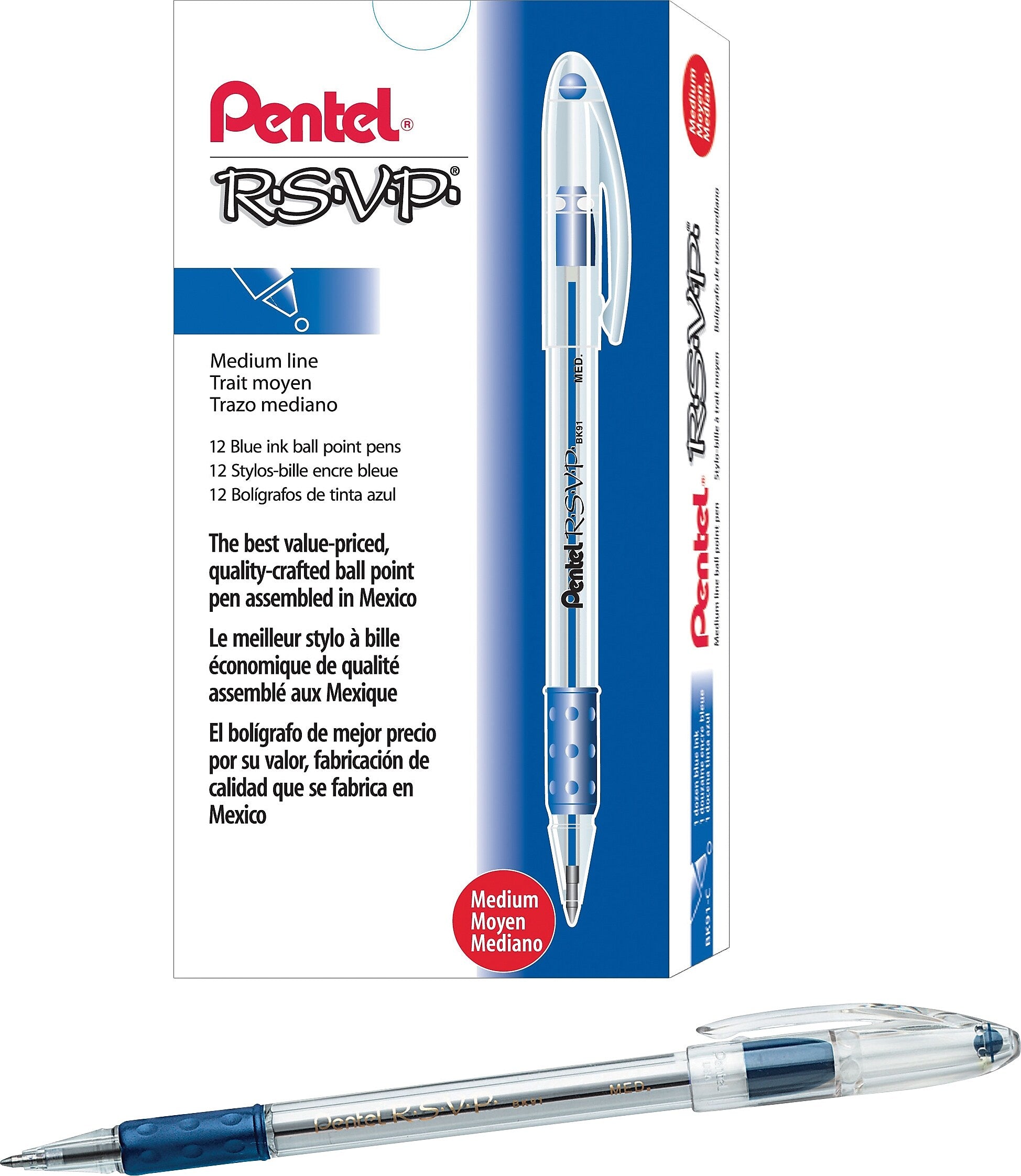 Pentel R.S.V.P. Ballpoint Pens, Medium Point, Blue Ink, Dozen
