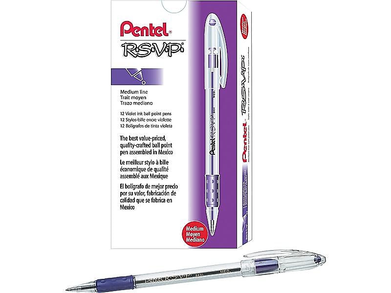 Pentel R.S.V.P. Ballpoint Pens, Medium Point, Purple Ink, 12/Pack