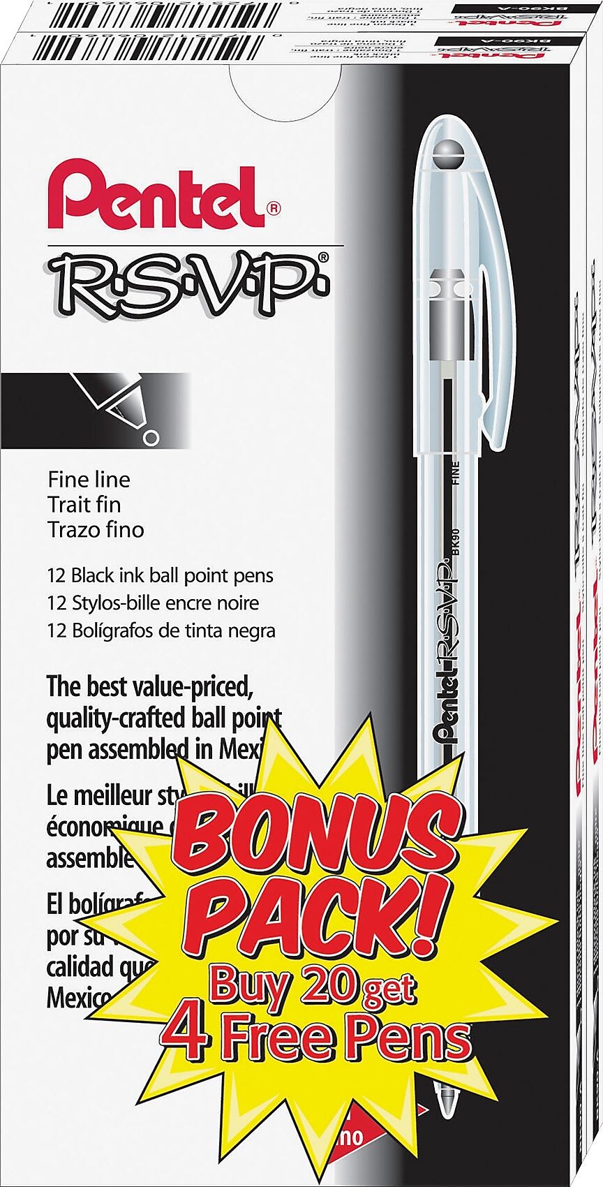 Pentel R.S.V.P. Ballpoint Stick Pens, Fine Point, Black Ink with Clear Barrel, 24/Pack
