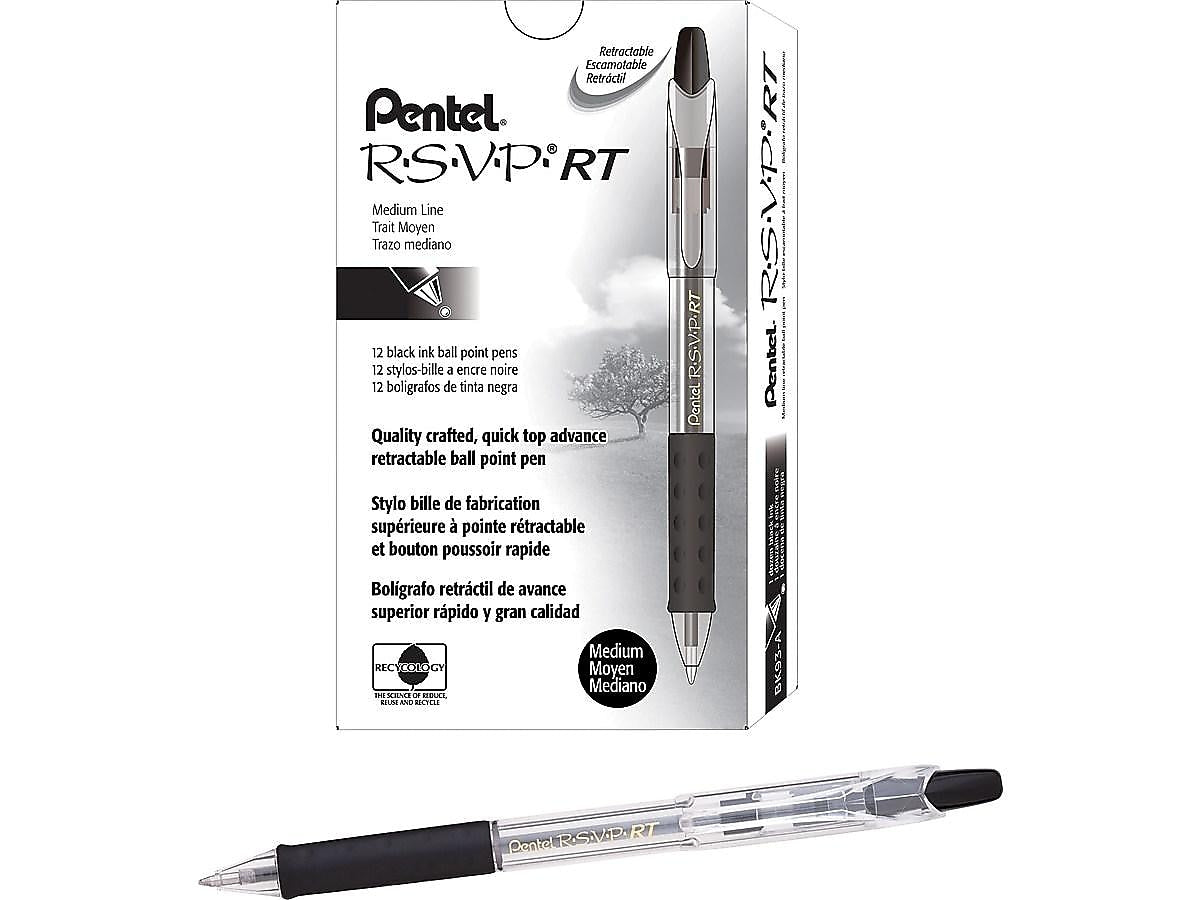 Pentel R.S.V.P. RT Retractable Ballpoint Pens, Medium Point, Black Ink, Dozen