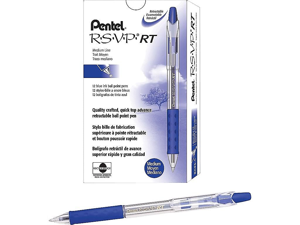Pentel R.S.V.P. RT Retractable Ballpoint Pens, Medium Point, Blue Ink, Dozen