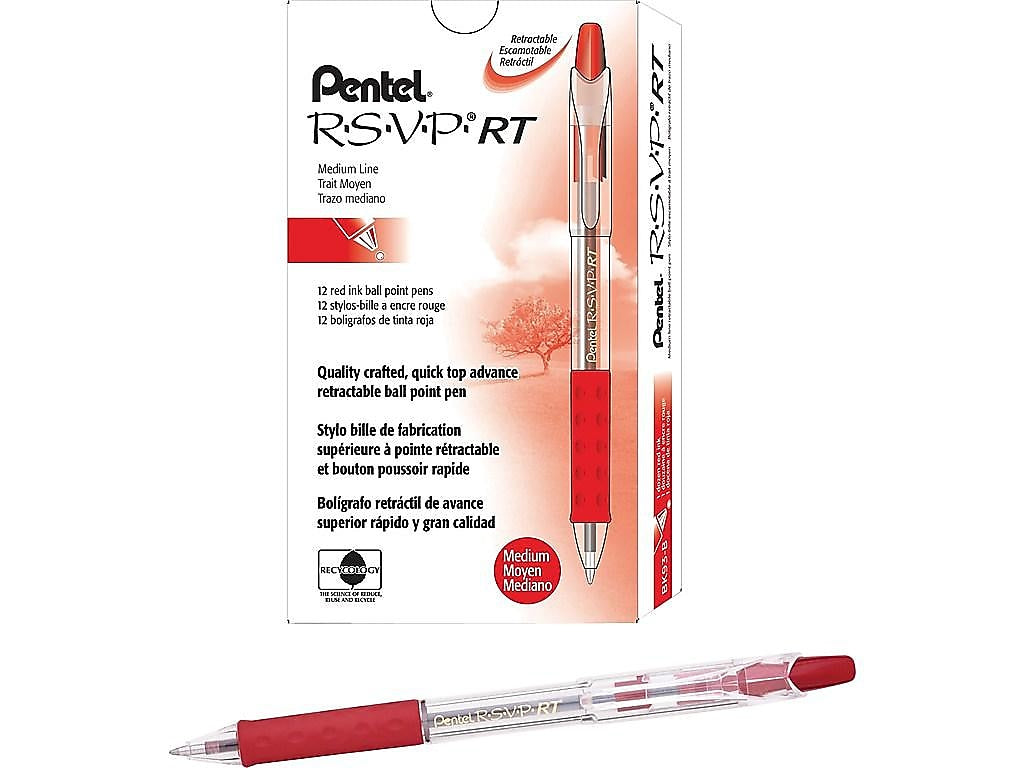 Pentel R.S.V.P. RT Retractable Ballpoint Pens, Medium Point, Red Ink, Dozen