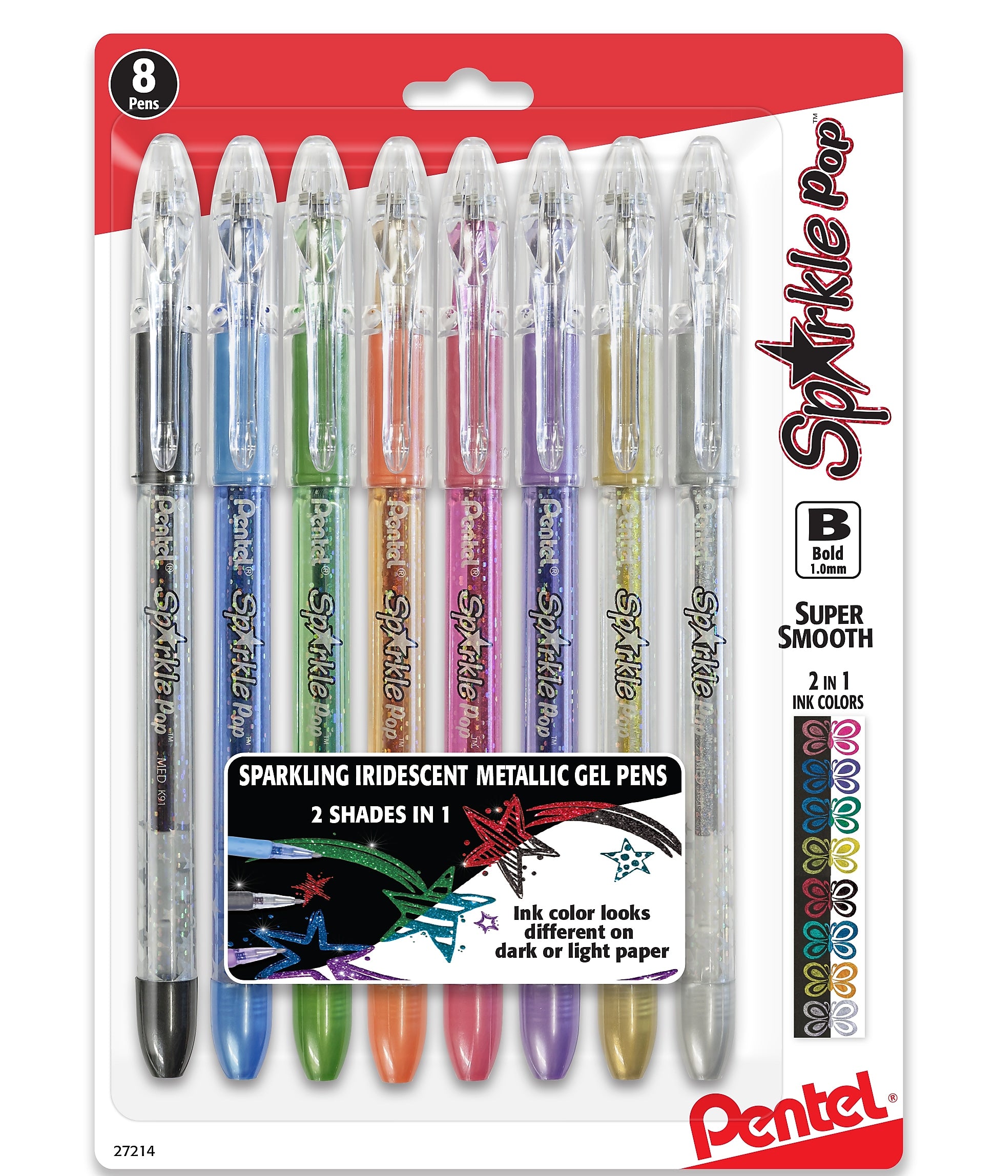 Pentel Sparkle Pop Metallic Gel Pens, 1.0 mm, Bold Point, Assorted Colors, 8/Pack