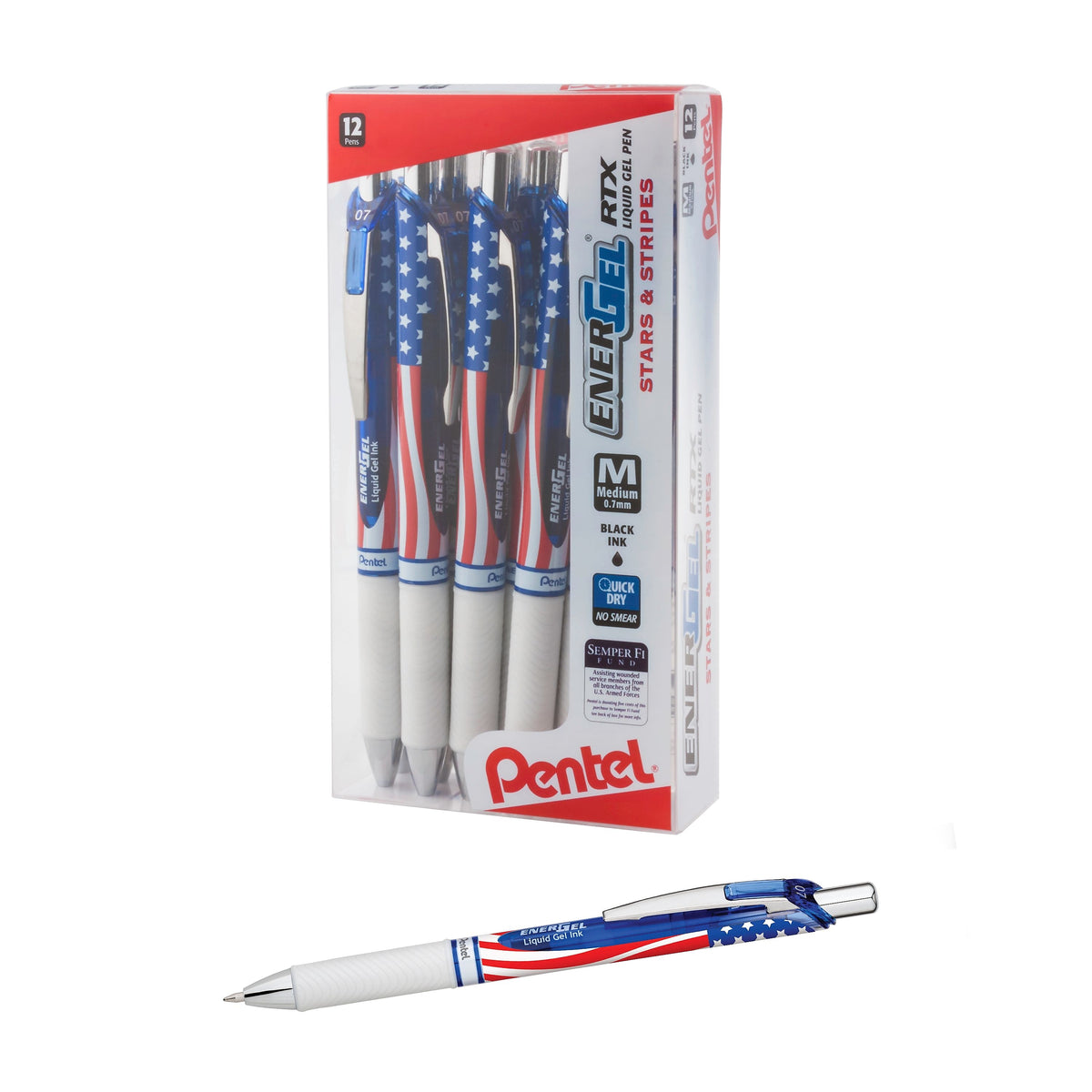 Pentel Stars & Stripes Edition EnerGel RTX Liquid Gel Pens, Medium Point, Black Ink, Dozen