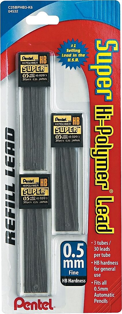 Pentel Super Hi-Polymer Lead Refill, 0.5mm, 30/Leads, 3/Pack