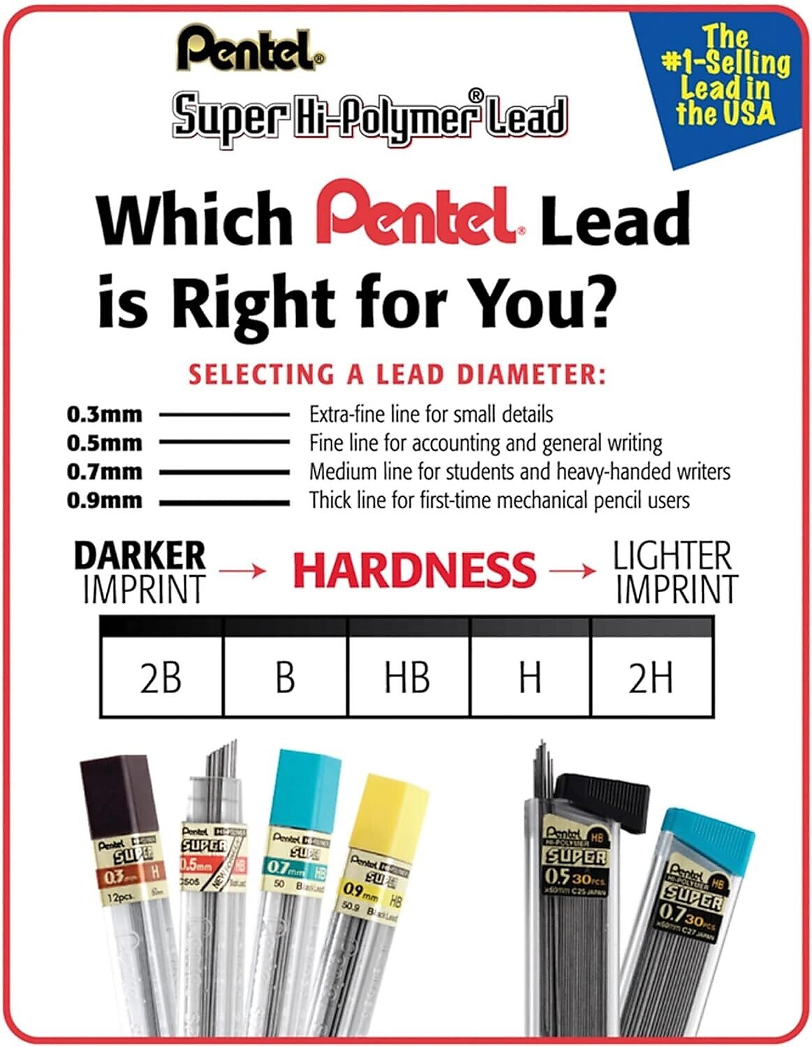 Pentel Super Hi-Polymer Lead Refill, 0.5mm, 30/Leads, 3/Pack