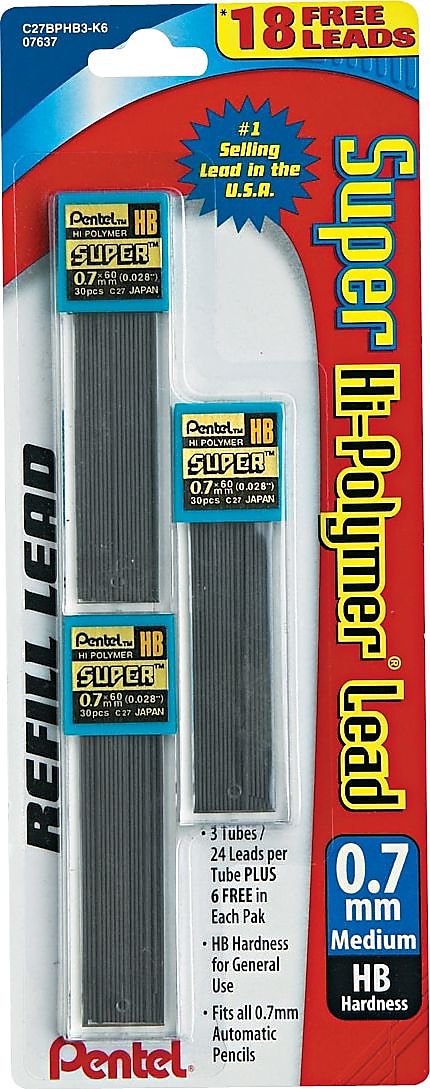 Pentel Super Hi-Polymer Lead Refill, 0.7mm, 30/Leads, 3/Pack