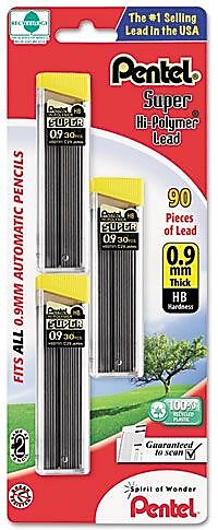 Pentel Super Hi-Polymer Lead Refill, 0.9mm, 30/Leads, 3/Pack