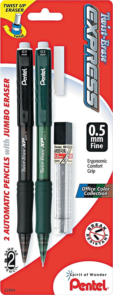 Pentel Twist-Erase EXPRESS Mechanical Pencil, 0.5mm, #2 Medium Lead, 2/Pack