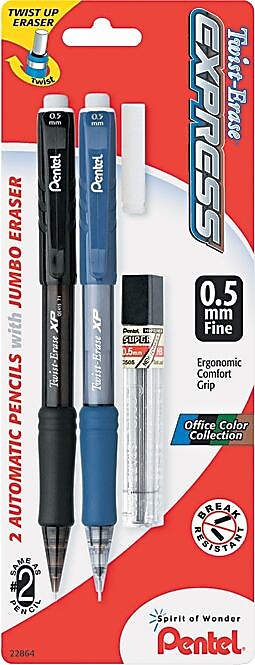 Pentel Twist-Erase EXPRESS Mechanical Pencil, 0.5mm, #2 Medium Lead, 2/Pack