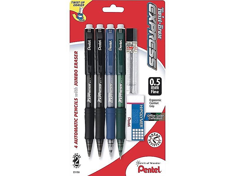 Pentel Twist-Erase EXPRESS Mechanical Pencil, 0.5mm, #2 Medium Lead, 4/Pack