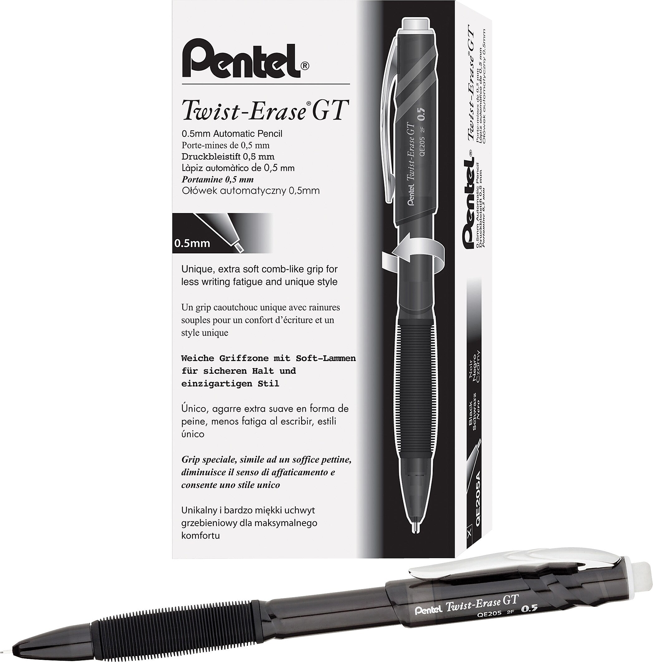 Pentel Twist Erase GT Mechanical No. 2 Pencil, Fine Point, Black Barrel, Dozen