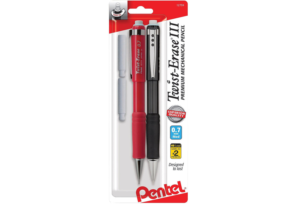 Pentel Twist-Erase III Mechanical Pencil, 0.7mm, #2 Medium Lead, 2/Pack