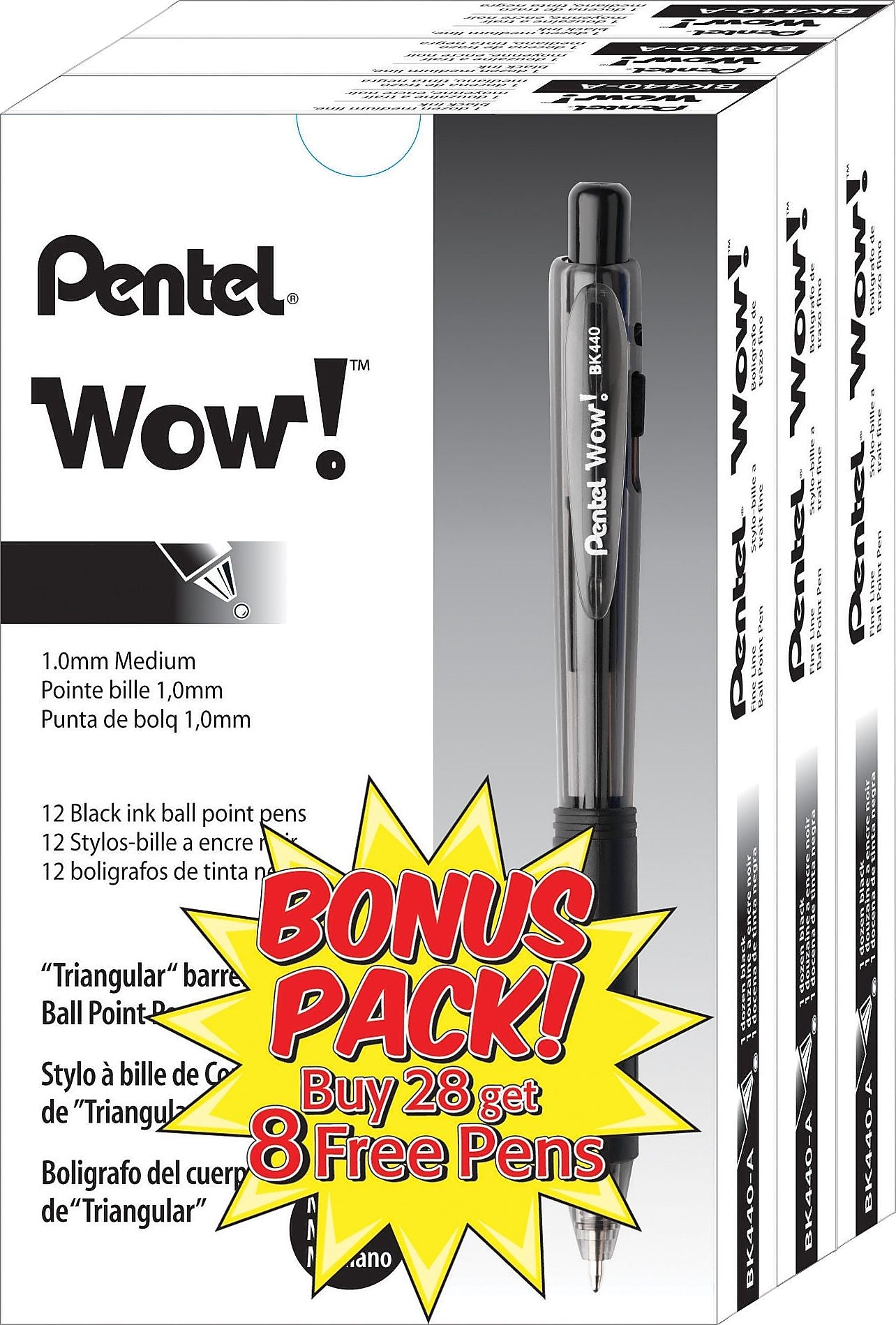 Pentel® WOW® Retractable Ballpoint Pens Bonus Pack, Medium Point, Black Ink, 36/Pack