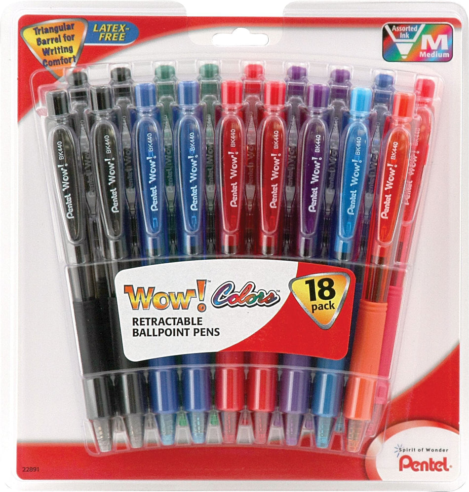 Pentel WOW! Retractable Ballpoint Pens, Medium Point, Assorted Ink, 18/Pack