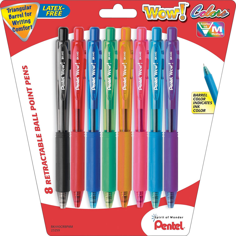 Pentel WOW Retractable Ballpoint Pens, Medium Point, Assorted Ink, 8/Pack