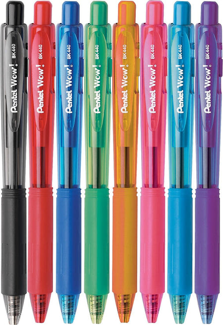 Pentel WOW Retractable Ballpoint Pens, Medium Point, Assorted Ink, 8/Pack