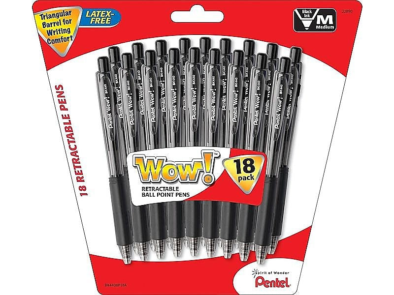 Pentel WOW! Retractable Ballpoint Pens, Medium Point, Black Ink, 18 Pack