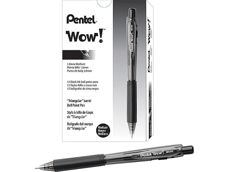 Pentel WOW! Retractable Ballpoint Pens, Medium Point, Black Ink, Dozen