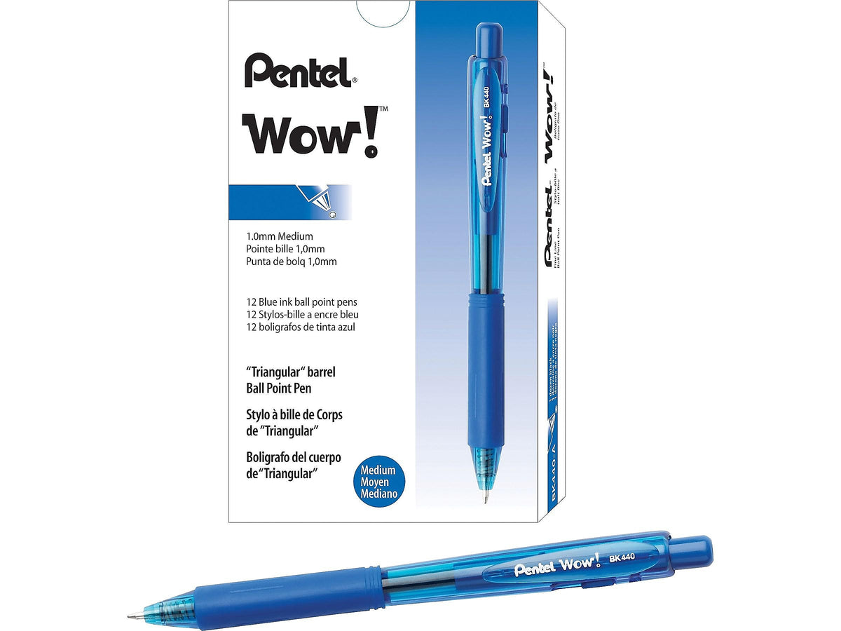 Pentel WOW! Retractable Ballpoint Pens, Medium Point, Blue Ink, 12/Pack