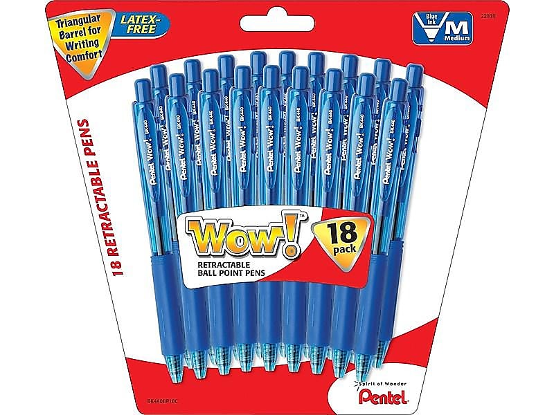 Pentel WOW! Retractable Ballpoint Pens, Medium Point, Blue Ink, 18 Pack