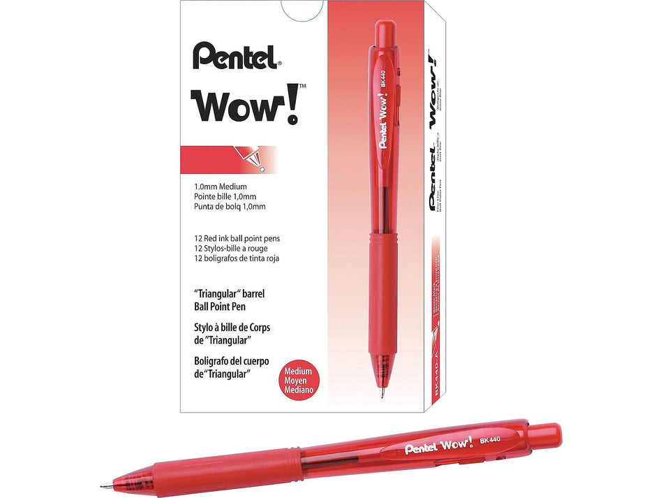 Pentel WOW! Retractable Ballpoint Pens, Medium Point, Red Ink, Dozen