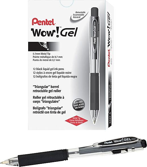 Pentel WOW! Retractable Gel Pens, Medium Point, Black Ink, 24/Pk