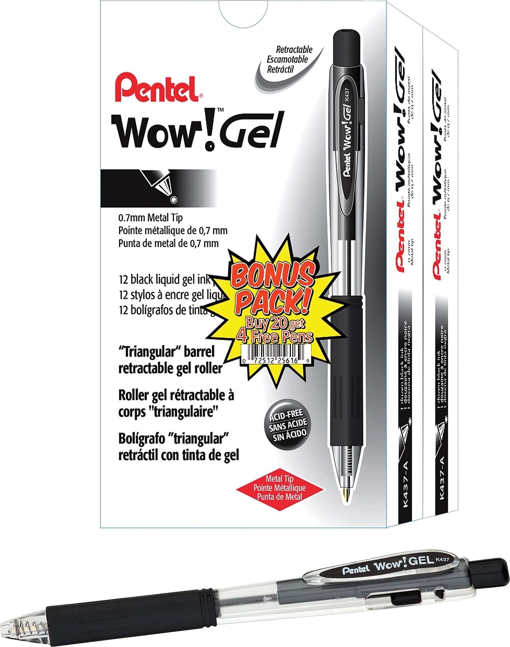 Pentel WOW! Retractable Gel Pens, Medium Point, Black Ink, 24/Pk