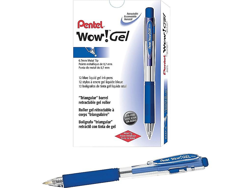 Pentel WOW! Retractable Gel Pens, Medium Point, Blue Ink, Dozen