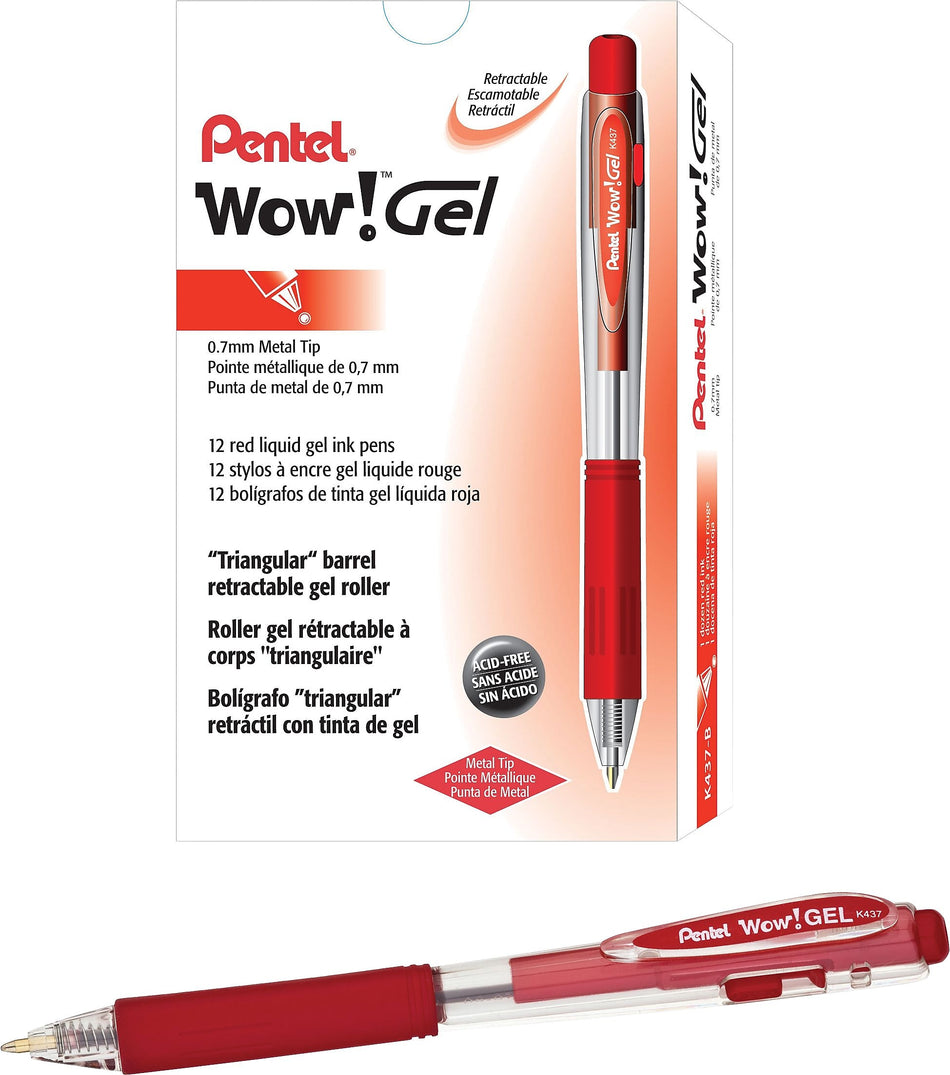 Pentel WOW! Retractable Gel Pens, Medium Point, Red Ink, Dozen