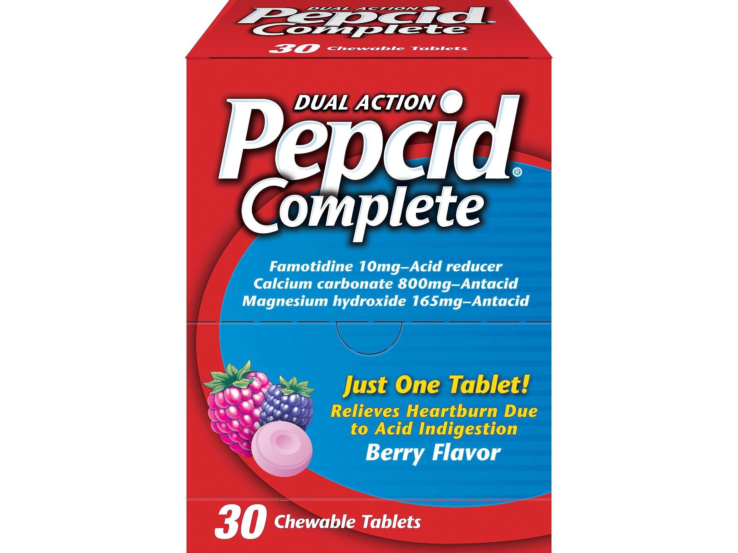 Pepcid Complete Dual-Action Antacid, Chewable Tablet, Berry Flavor, 30/Box