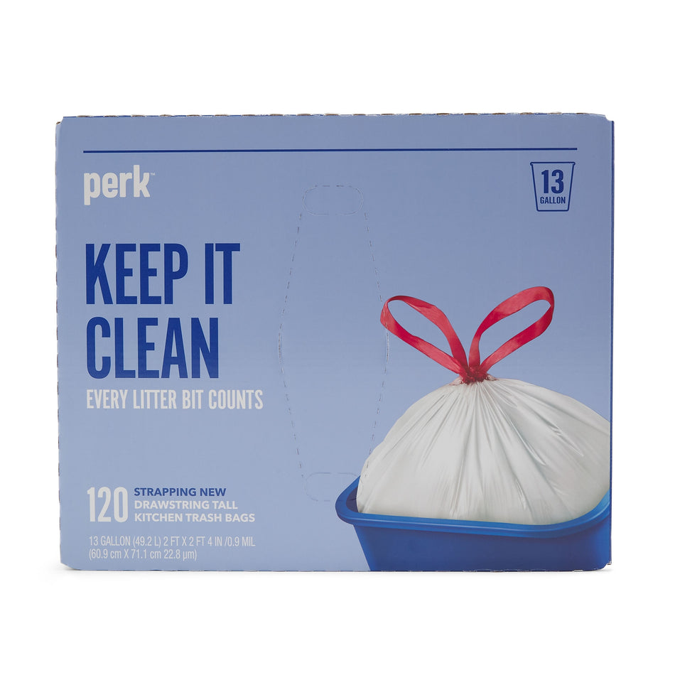 Perk™ 13 Gallon Kitchen Trash Bag, 28" x 24", Low Density, 0.9 mil, White, 120 Bags/Box