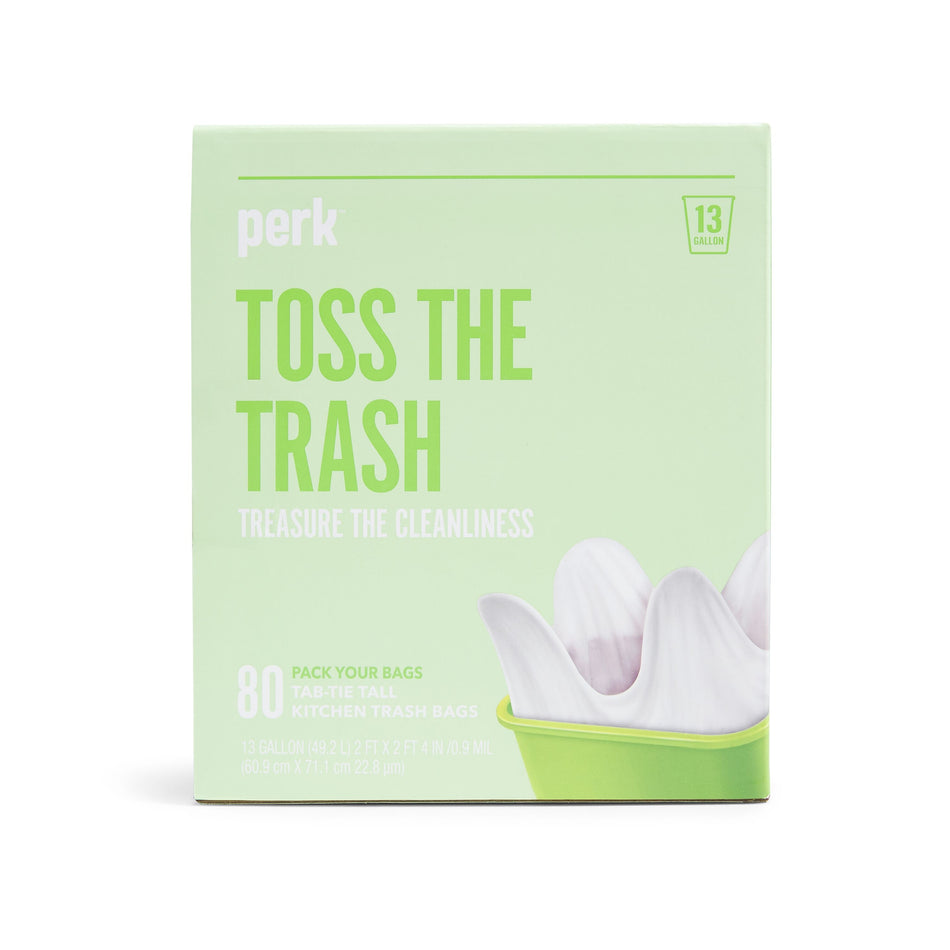 Perk™ 13 Gallon Kitchen Trash Bag, 28" x 24", Low Density, 0.9 mil, White, 80 Bags/Box