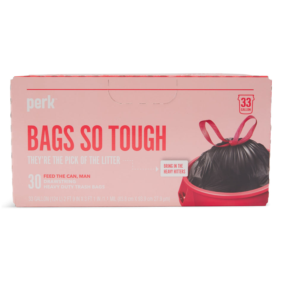 Perk™ 33 Gallon Kitchen Trash Bag, Low Density, 1.1 mil, Black, 30 Bags/Box