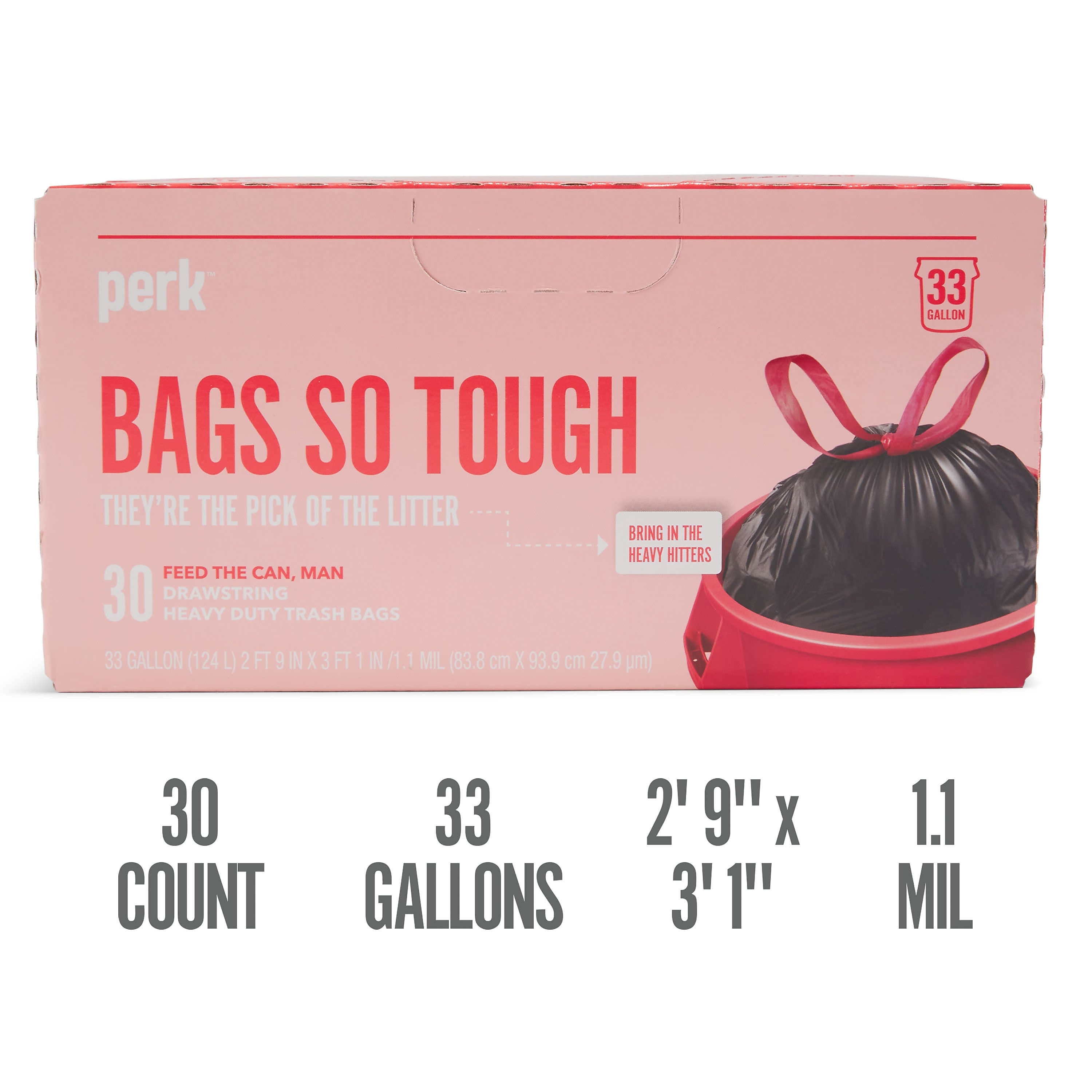 Perk™ 33 Gallon Kitchen Trash Bag, Low Density, 1.1 mil, Black, 30 Bags/Box