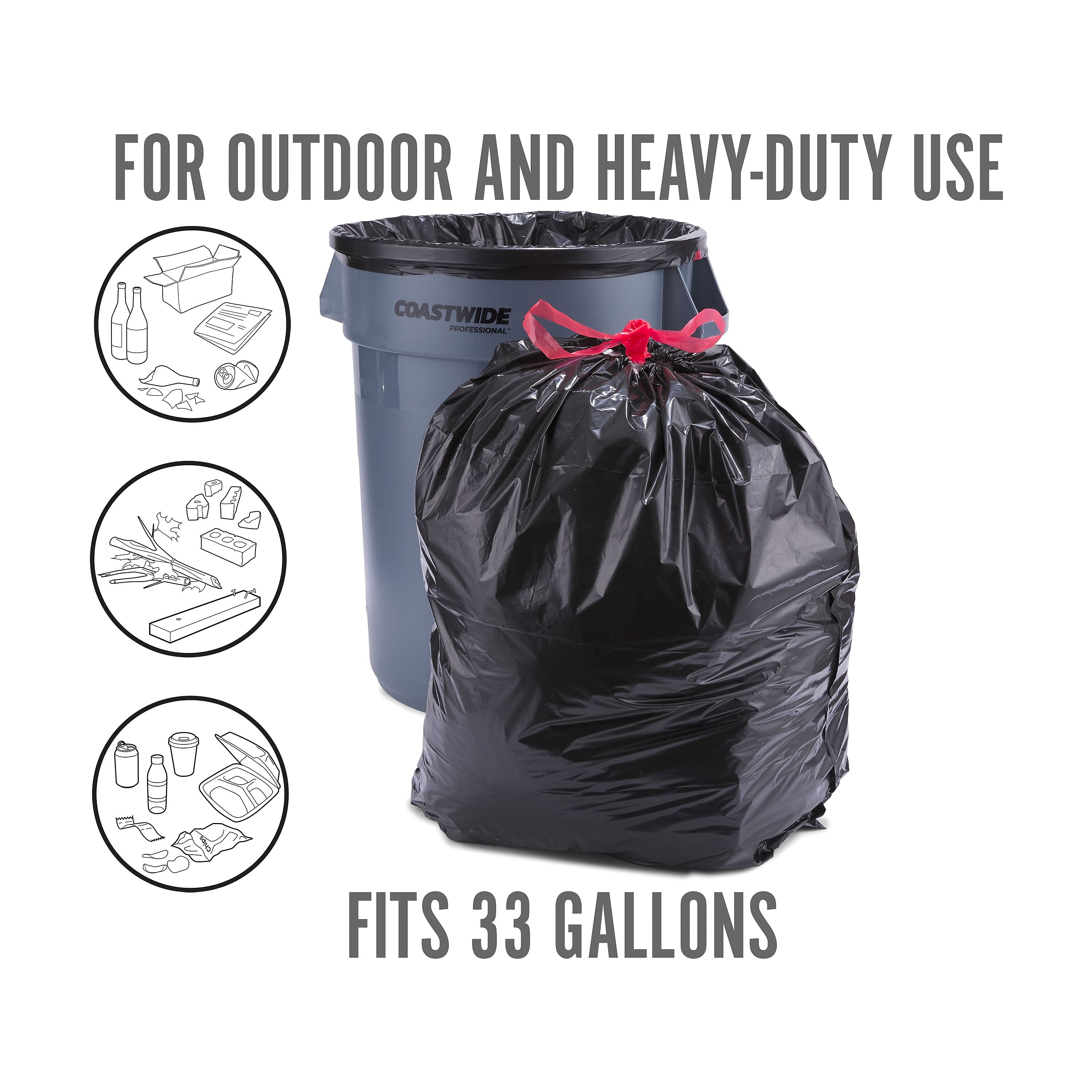 Perk™ 33 Gallon Kitchen Trash Bag, Low Density, 1.1 mil, Black, 30 Bags/Box