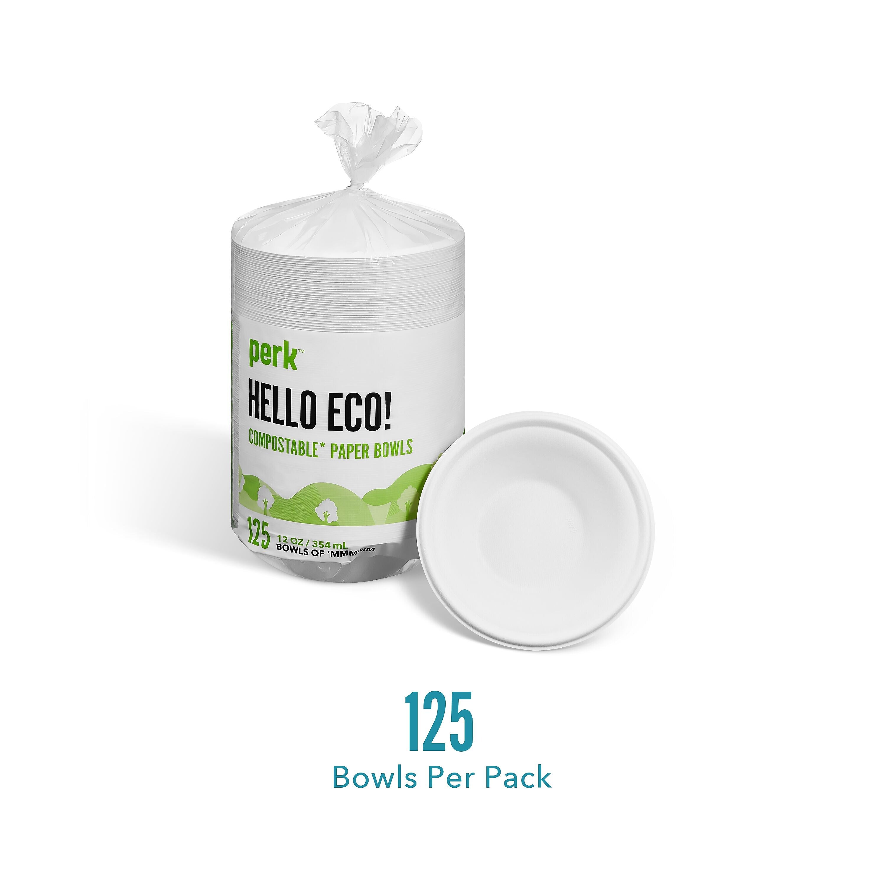 Perk™ Compostable Paper Bowls, 12 Oz., White, 125/Pack